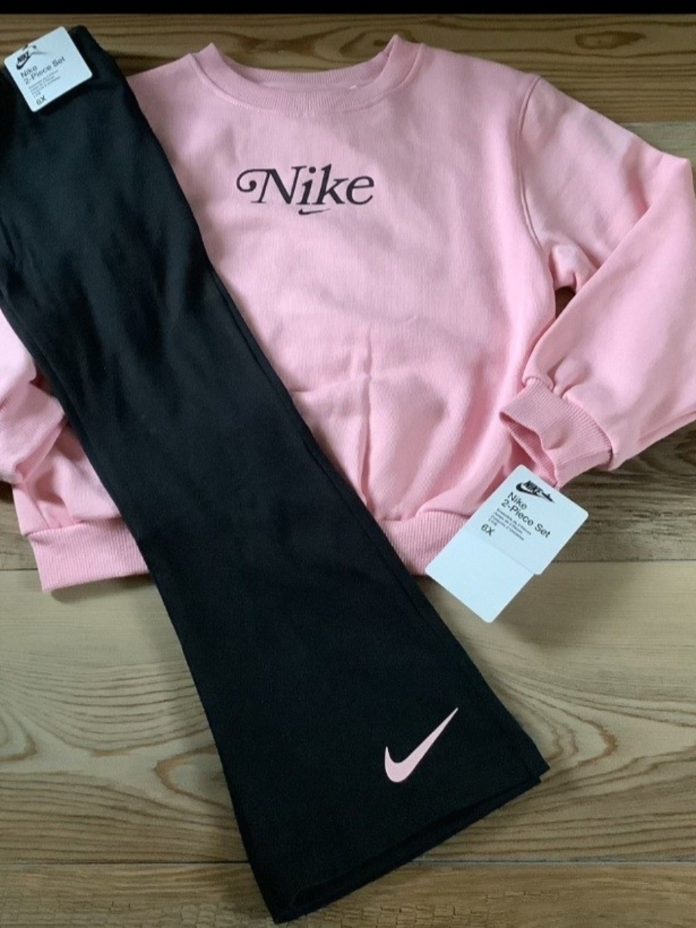 Nike Girls' Pink Crew Sweatshirt& Black Flare Leggings Set Size 6X(NWT)